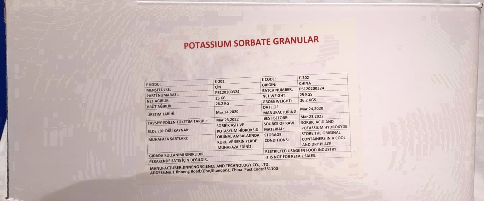 Potasyum Sorbat  ÇİN E202